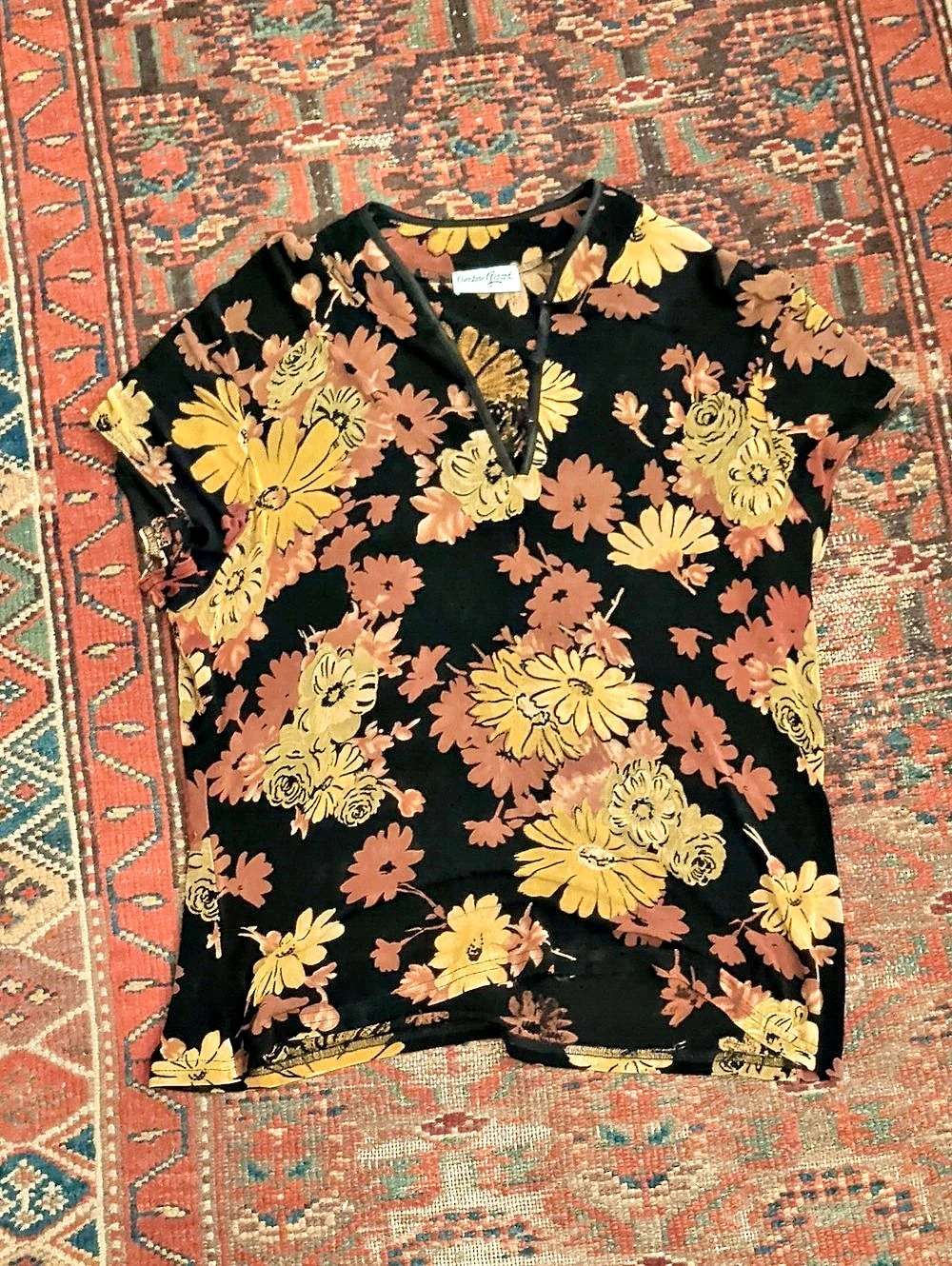 Christine Gerard Floral Short Sleeve Blouse in Black & Yellow